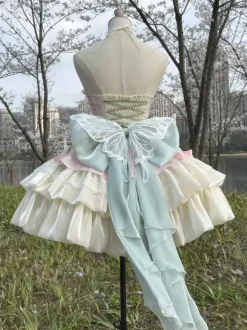 Sweet Lolita Dress Light Sky Blue Sleeveless Tea Party Dress with Bows and Train Polyester Kawaii Fashion