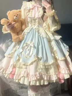 Sweet Lolita Dress Long Sleeves Ruffles Bows Pink Blue Lolita Dress