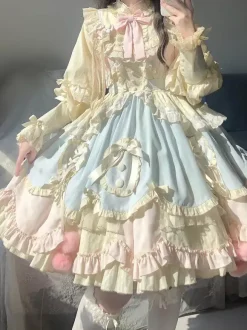 Sweet Lolita Dress Long Sleeves Ruffles Bows Pink Blue Lolita Dress