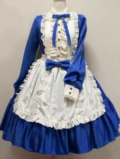 Sweet Lolita Dress OP Ocean Blue Turndown Collar Long Sleeve Lolita One Piece Dress