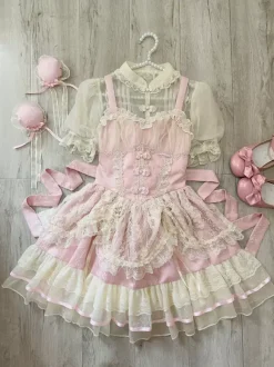 Sweet Lolita Dress OP Pleated Sleeveless Polyester Sweet Pink Hime Lolita Dress