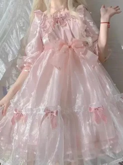 Sweet Lolita Dress Polyester Short Sleeves Pearl Princess OP Summer Sweet Cute Fugitive Princess Dress