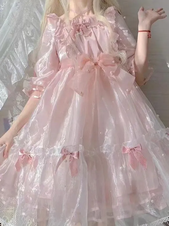 Sweet Lolita Dress Polyester Short Sleeves Pearl Princess OP Summer Sweet Cute Fugitive Princess Dress