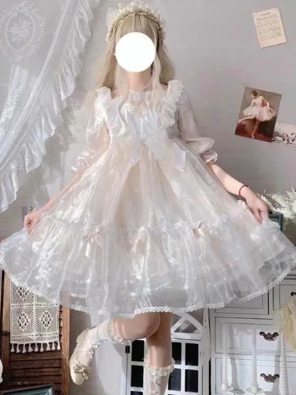 Sweet Lolita Dress Polyester Short Sleeves Pearl Princess OP Summer Sweet Cute Fugitive Princess Dress
