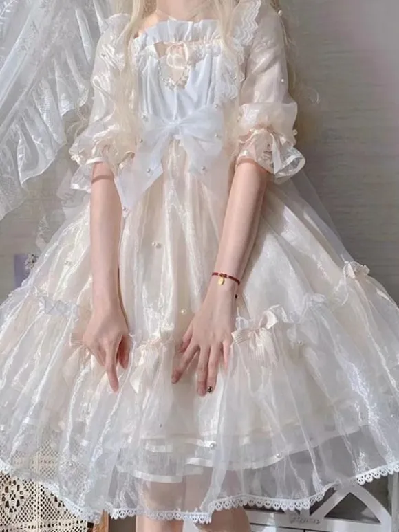 Sweet Lolita Dress Polyester Short Sleeves Pearl Princess OP Summer Sweet Cute Fugitive Princess Dress