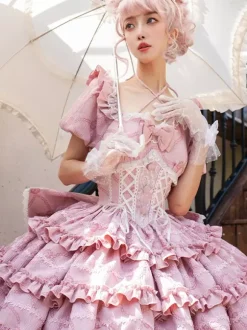 Sweet Lolita Dress Puff Rose OP Lolita Princess Dress Bow Detachable Train