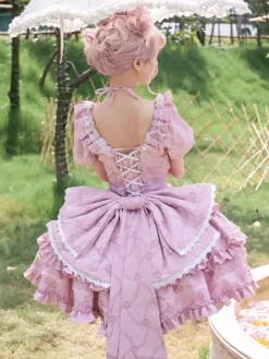 Sweet Lolita Dress Puff Rose OP Lolita Princess Dress Bow Detachable Train