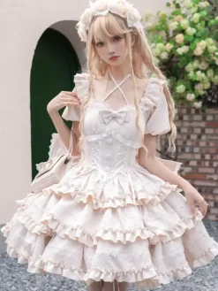 Sweet Lolita Dress Puff Rose OP Lolita Princess Dress Bow Detachable Train
