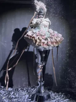 Sweet Lolita Dress Ribbon Bow Ballet Style Bunny Ears Cake Dress Pink-green Ruffles Short Dress