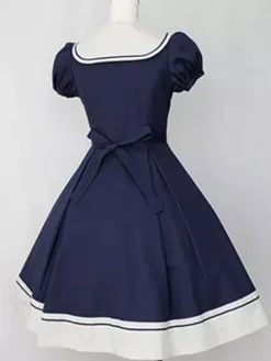 Sweet Lolita Dress Sailor OP Cotton Bow Buttons Dark Navy Lolita One Piece Dress