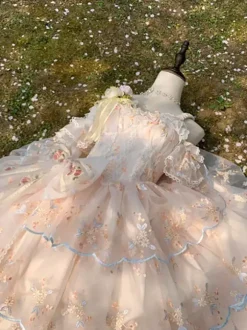 Sweet Lolita Dress Sleeveless Flowers Embroidered Lace Bows Ruffles long Princess Dress