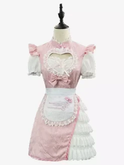 Sweet Lolita Dresses Jacquard Short Sleeves Lace Pink Lolita Dress
