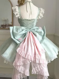 Sweet Lolita Dresses Sleeveless Flowers Choker Light Green Tea Party With Train Lolita Dress