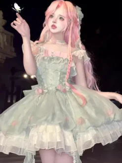 Sweet Lolita Dresses Sleeveless Flowers Choker Light Green Tea Party With Train Lolita Dress
