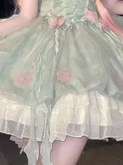 Sweet Lolita Dresses Sleeveless Flowers Choker Light Green Tea Party With Train Lolita Dress