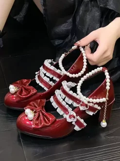 Sweet Lolita Footwear Black Chains Pearls Ruffles Pointed Toe PU Leather Lolita Shoes