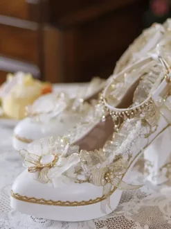 Sweet Lolita Footwear Ecru White Bows Flowers Lace PU Leather Chunky Heel Lolita Pumps