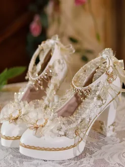 Sweet Lolita Footwear Ecru White Bows Flowers Lace PU Leather Chunky Heel Lolita Pumps