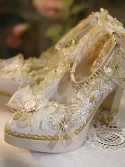 Sweet Lolita Footwear Ecru White Bows Flowers Lace PU Leather Chunky Heel Lolita Pumps