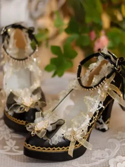 Sweet Lolita Footwear Ecru White Bows Flowers Lace PU Leather Chunky Heel Lolita Pumps