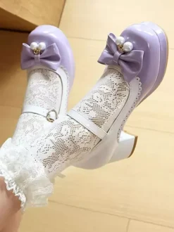 Sweet Lolita Footwear Purple Color Block Pearls Bows Round Toe PU Leather Lolita Shoes