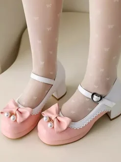 Sweet Lolita Footwear Purple Color Block Pearls Bows Round Toe PU Leather Lolita Shoes