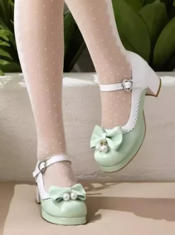 Sweet Lolita Footwear Purple Color Block Pearls Bows Round Toe PU Leather Lolita Shoes