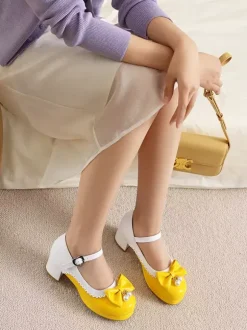 Sweet Lolita Footwear Purple Color Block Pearls Bows Round Toe PU Leather Lolita Shoes