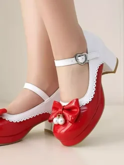 Sweet Lolita Footwear Purple Color Block Pearls Bows Round Toe PU Leather Lolita Shoes