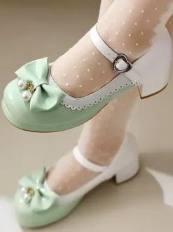 Sweet Lolita Footwear Purple Color Block Pearls Bows Round Toe PU Leather Lolita Shoes