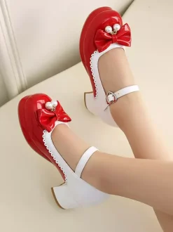 Sweet Lolita Footwear Purple Color Block Pearls Bows Round Toe PU Leather Lolita Shoes