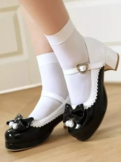 Sweet Lolita Footwear Purple Color Block Pearls Bows Round Toe PU Leather Lolita Shoes