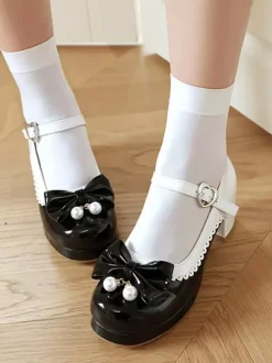 Sweet Lolita Footwear Purple Color Block Pearls Bows Round Toe PU Leather Lolita Shoes