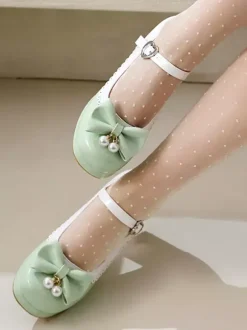 Sweet Lolita Footwear Purple Color Block Pearls Bows Round Toe PU Leather Lolita Shoes