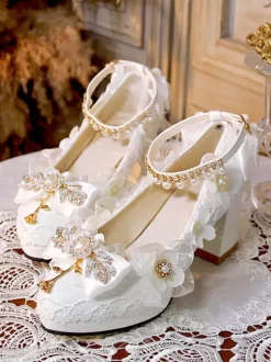 Sweet Lolita Footwear White Pearls Chains Bows Pointed Toe PU Leather Lolita Pumps