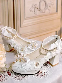Sweet Lolita Footwear White Pearls Chains Bows Pointed Toe PU Leather Lolita Pumps
