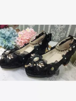 Sweet Lolita Footwear White Pearls Chains Bows Pointed Toe PU Leather Lolita Pumps