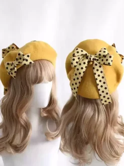 Sweet Lolita Hat Bows Accessory Color Block Polka Dot Polyester Burgundy Lolita Accessories