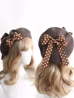 Sweet Lolita Hat Bows Accessory Color Block Polka Dot Polyester Burgundy Lolita Accessories