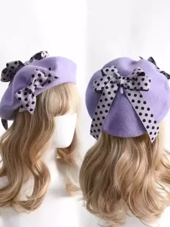 Sweet Lolita Hat Bows Accessory Color Block Polka Dot Polyester Burgundy Lolita Accessories