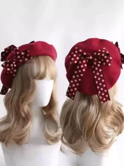 Sweet Lolita Hat Bows Accessory Color Block Polka Dot Polyester Burgundy Lolita Accessories
