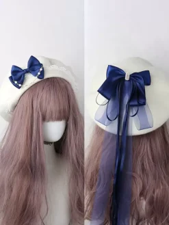 Sweet Lolita Hat Light Sky Blue Bows Ruffles Accessory Color Block Polyester Lolita Accessories