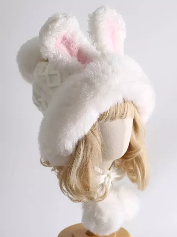Sweet Lolita Hat White Rabbit Ears Pom Poms Plush Warm Lolita Accessories