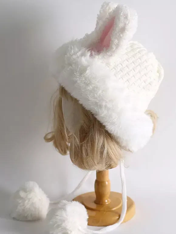 Sweet Lolita Hat White Rabbit Ears Pom Poms Plush Warm Lolita Accessories