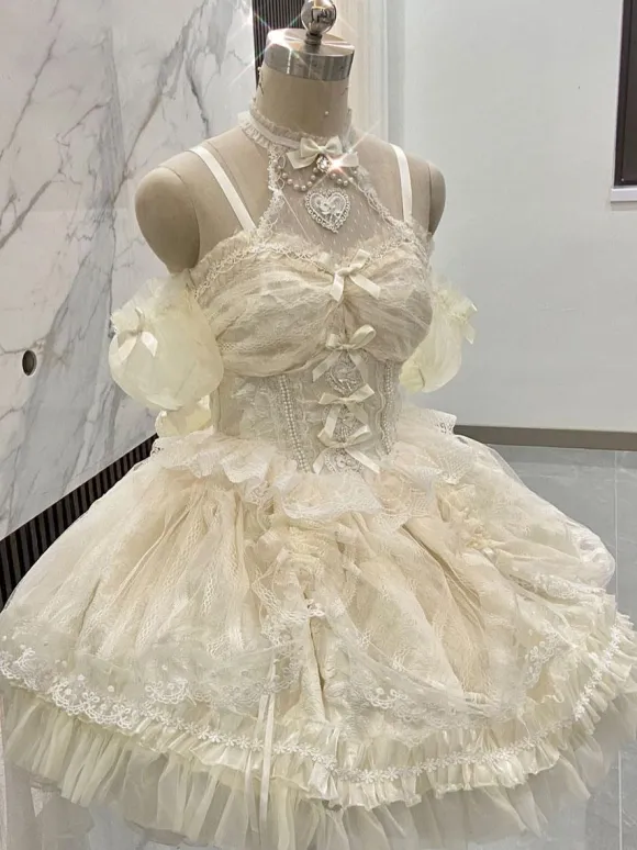 Sweet Lolita JSK Dress Ecru White Short Sleeves Pearls Lace Lolita Jumper Skirts Wedding Dress