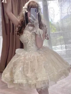 Sweet Lolita JSK Dress Ecru White Short Sleeves Pearls Lace Lolita Jumper Skirts Wedding Dress