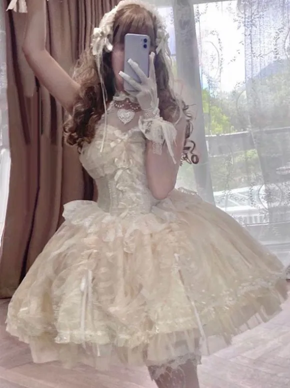 Sweet Lolita JSK Dress Ecru White Short Sleeves Pearls Lace Lolita Jumper Skirts Wedding Dress