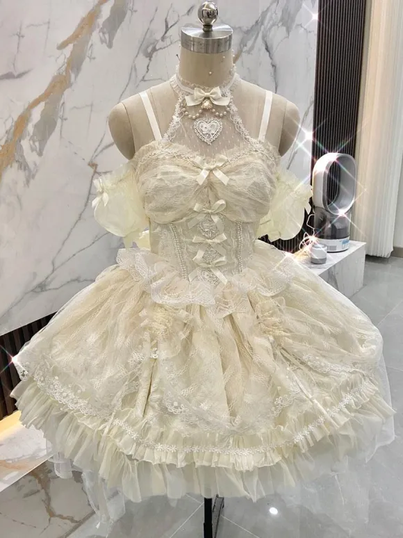Sweet Lolita JSK Dress Ecru White Short Sleeves Pearls Lace Lolita Jumper Skirts Wedding Dress