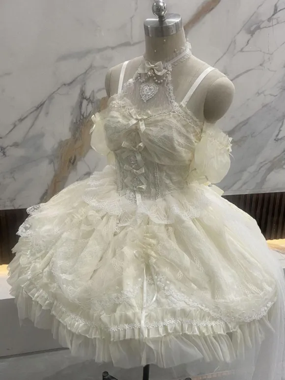 Sweet Lolita JSK Dress Ecru White Short Sleeves Pearls Lace Lolita Jumper Skirts Wedding Dress