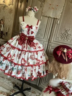 Sweet Lolita JSK Dress Polyester Sleeveless Bows Lace Up Red Sweet Lolita Jumper Skirt